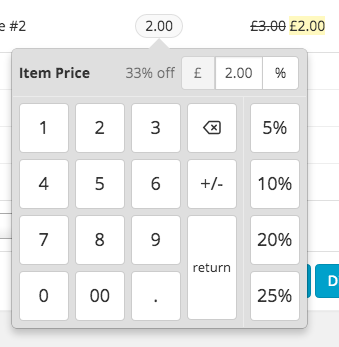 Item Price number pad with quick entry for discount percentage.